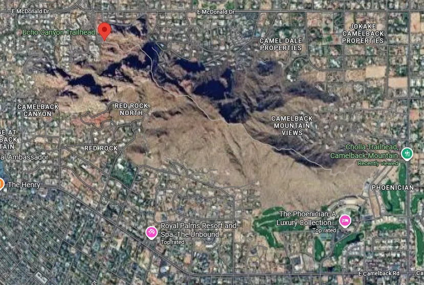 Map of Echo Canyon and Cholla trailheads on Camelback Mountain
